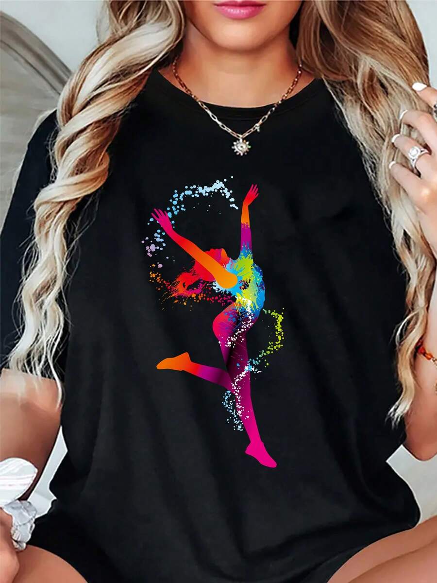 Plus Size Cotton T-Shirt For Women, Ideal For Summer. Ballerina Girl Print - Casual And Fashionable Sporty T-Shirt For Women. The Material Is Sweat-Wicking, Soft, And Comfortable Against The Skin. - 黑色 - 查看 1