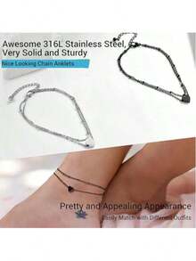Women's Stainless Steel Chain Anklet, Silver/Black Color Options, Low Allergy, Adjustable 8.5-10.5 Inches - Multicolor - View 3