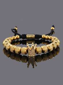 1件金色不锈钢皇冠吊坠串珠手链，可调节编织绳手链，男士嘻哈朋克风饰品，圣诞派对节日礼物 - 彩色 - 查看 9