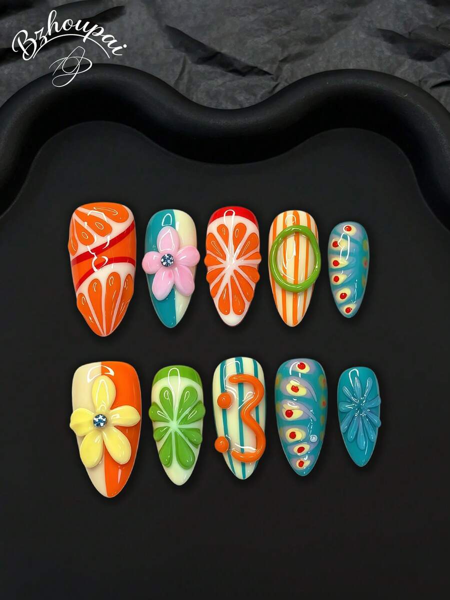 LIVENTO 10pcs Elevate Your Look With Stunning 3D Handmade Acrylic Press On Nails, Colorful Dopamine-Inspired Shades, 3D Carved Floral And Fruit Motifs, And Hand-Painted Detailed Designs-Perfect For Chic And Eye-Catching Nails. - 彩色 - 查看 1