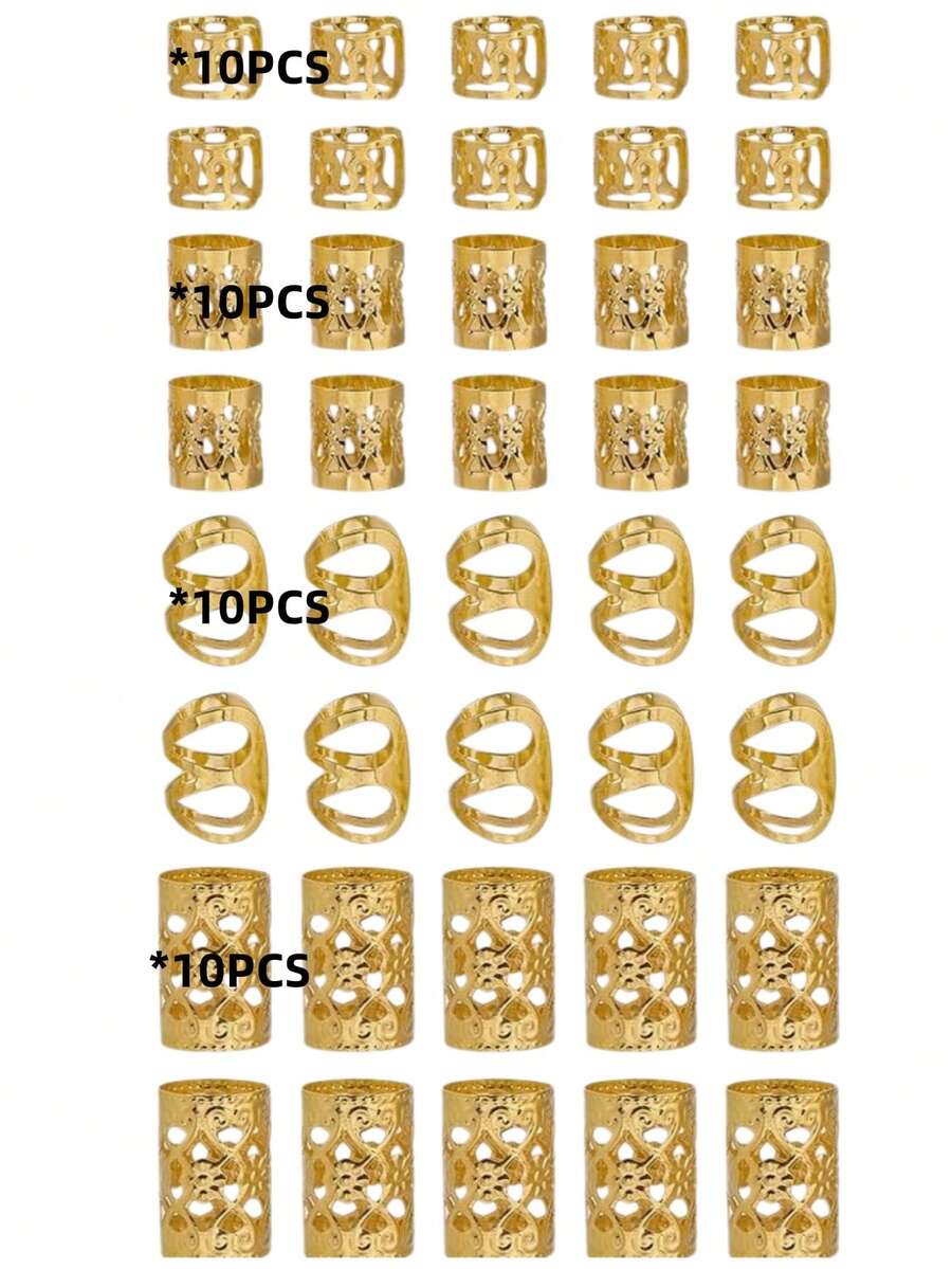 40Pcs Boho Gold Hair Cuffs, Vintage Dreadlock Beads, African Braid Hair Accessories, Hollow Out Hair Rings For Braid,Hair Clip,Party, Claw Clips - Multicolor - View 1