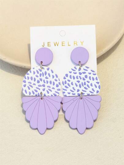 1 Pair Women's Asymmetrical Purple Dot Print Ceramic Texture Intricately Carved Acrylic Long Earrings