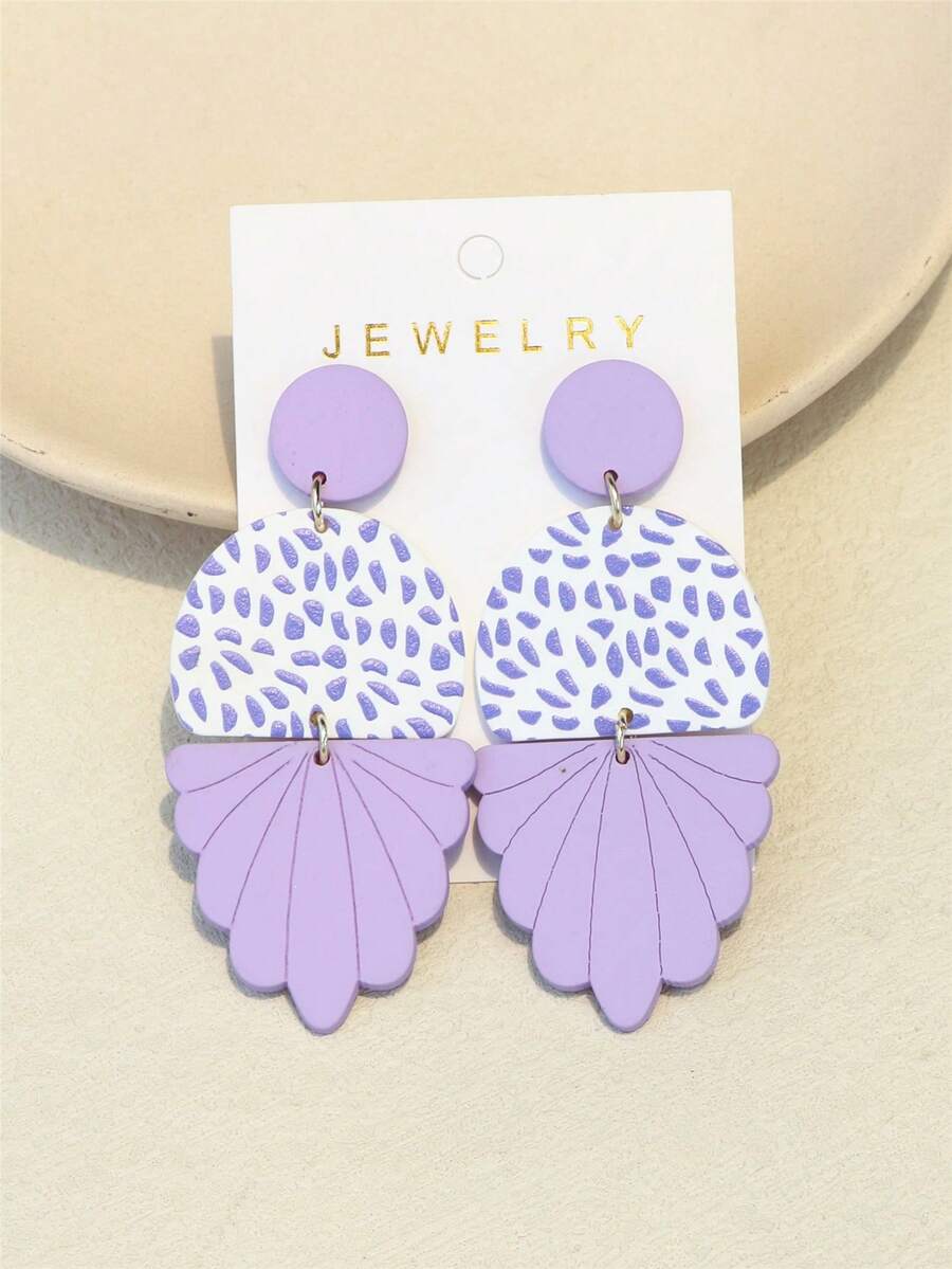 1对女士不对称紫色圆点印花陶瓷纹理精雕细琢亚克力长耳环 - 彩色 - 查看 1