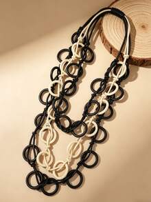 MARLIWOO 1pc Vintage Handmade Hollow Round Pendant Necklace, Bohemian Style Multi-Layer Long Exaggerated Personalized Jewelry For Women - Multicolor - View 7