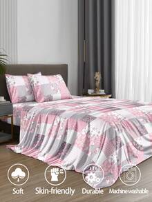 Bộ ga trải giường 4 món họa tiết hoa hồng hồng kẻ caro paisley, chất liệu microfiber mềm mại dễ giặt (1 ga phẳng + 1 ga chun + 2 vỏ gối), phù hợp với nệm cỡ Twin/Queen/Full có độ dày lên đến 11,8 inch, họa tiết hoa văn cổ điển. - Hồng - Xem 2