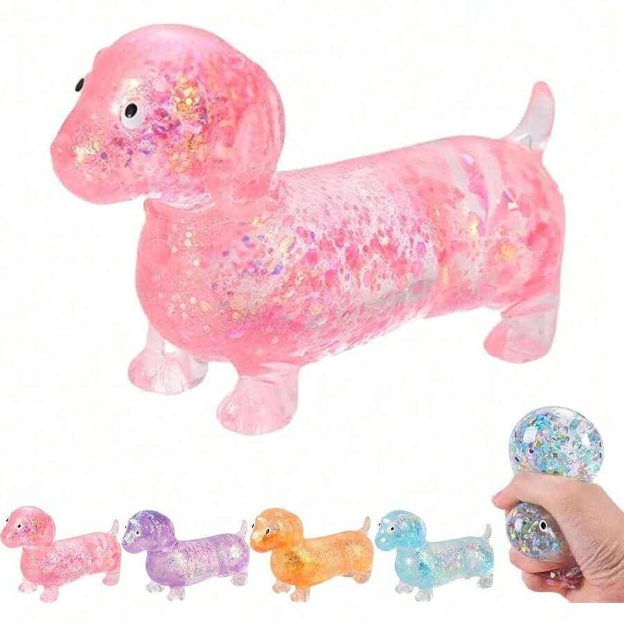 Colorful Glitter Filled Dachshund Dog Squishy Fidget Toy, Soft Squeeze Stress & Anxiety Relief Sensory Toy, Ideal Easter Basket Stuffer & Birthday Gift For Kids & Adults - Random Color - 粉紅小狗 - 查看 1