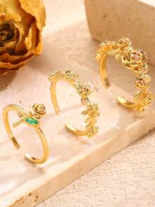 Set de 3 anillos abiertos con flor de rosa vintage de lujo incrustados con rhinestones, joyería elegante y minimalista versátil para mujer, adecuada para uso diario, fiestas y banquetes - Amarillo Oro - Ver 2