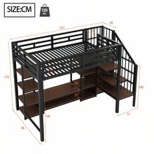 High bed 90x200 with TV stand outlet and safety conductor Stable metal-wood combination modern space-saving high bed 's bunk bed with practical storage space black - Schwarz + Metall + 90 cm * 200 cm - Übersicht 6