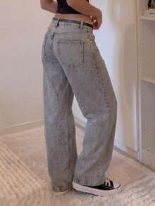 MYOURSA 宽松阔腿低腰水洗牛仔裤 Y2K 休闲日常上学夏季穿搭浅灰色 - 淺灰色 - 查看 2