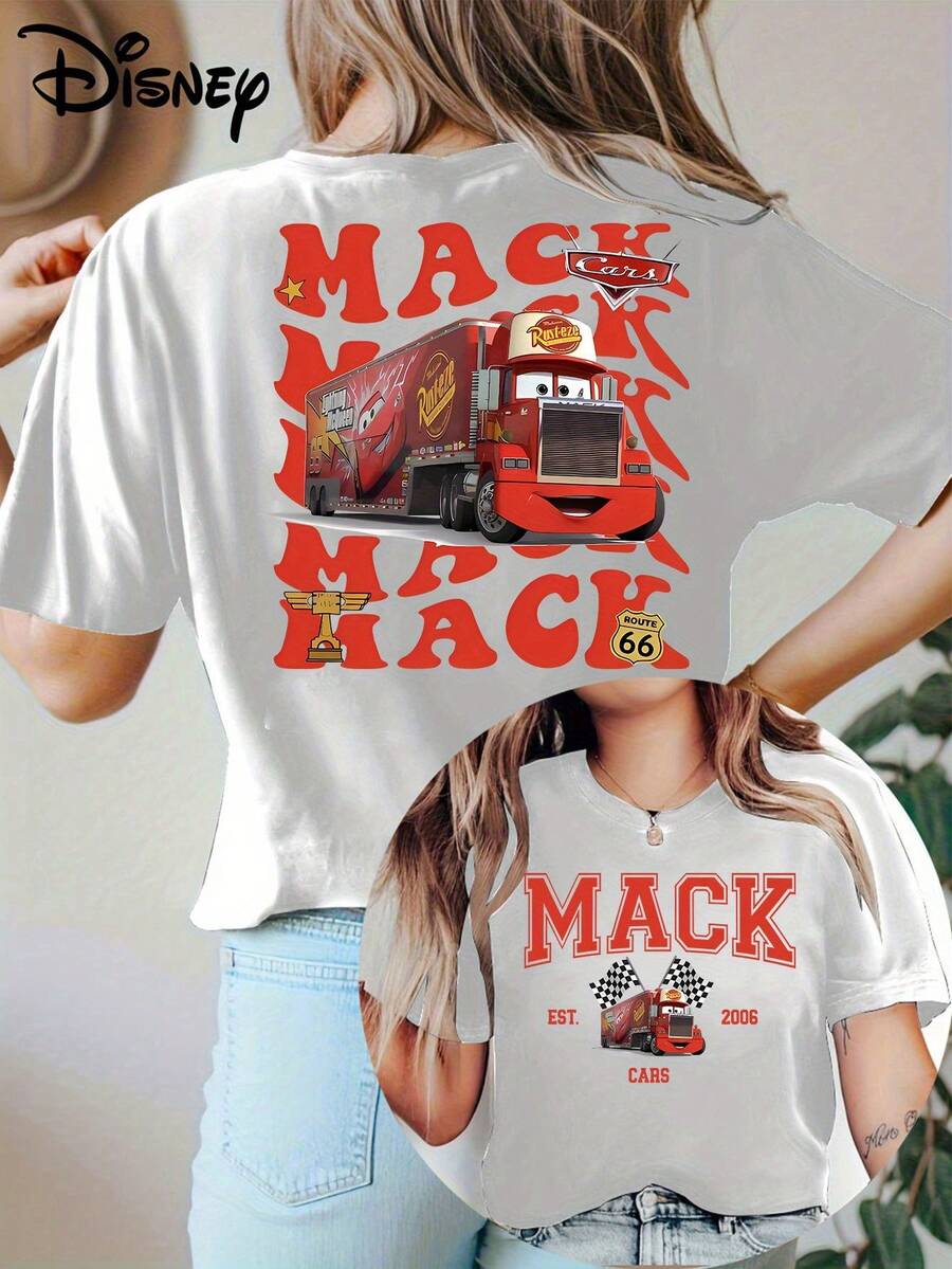 Disney Licensed Cars "Uncle Mike Racing" Double-Sided Printed Short-Sleeve T-Shirt, With A Bound Collar, Ribbed Neckline, And Double Shoulder Seams, Resistant To Deformation After Washing.This Sporty Short-Sleeve T-Shirt For Women Is Perfect For We - 白色 - 查看 1