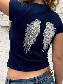 亮片翅膀刺繡 Y2K 短版上衣 T-Shirt，修身街頭風短版上衣，夏季女款派對休閒穿搭 - 藏蓝色 - 查看 5