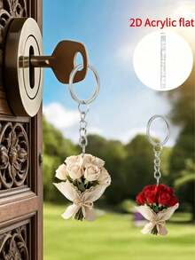 Elegant 2d Flat Acrylic Rose Bouquet Key Ring, Lightweight Flower Key Ring, Valentine's Day Bouquet Pendant, Interesting Decorations, Backpack Accessories, Fashion Pendant, Home Decoration, Car Decoration And Pendant, Headphone Pendant, Bag Pendant, Gifts For Mother, Father, Graduation, And Teacher - Multicolor - View 3