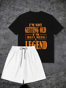 Men's Round Neck Short Sleeve Funny Age Slogan Print T-Shirt + Drawstring Shorts Set, Plus Size Summer Casual Outfit - Black - View 2