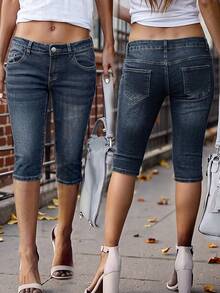 Washed Denim Low Waist Slim Fit Mid-Length Shorts For Women, Medium Stretch, Versatile Minimalist - Dark Wash - View 6