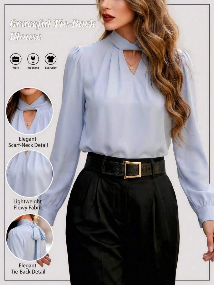 French Elegant Draping Shirt For Women, Unique Design, Solid Color With Ruffle Trim Spring - Light Wash - View 1
