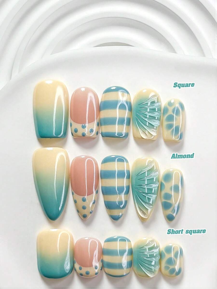 10 Pcs Fresh Summer Seaside Style Handmade Nail Art Set,Polygel Nail Set,Nude-Pink Base Paired With Yellow-To-Blue Gradient And Stripes, Hand-Painted 3D Seashell Patterns, Hand-Painted Polka Dots Nail Art Decorations, Pink, Yellow, Blue Nail Polish,Seaside Resort Style - Nhiều màu - Xem 1