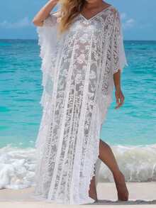 Vestido Kaftan Largo de Encaje Floral para Mujer, Cuello en V y Manga Murciélago, Holgado y Fluido para Playa en Verano - Blanco - Ver 6