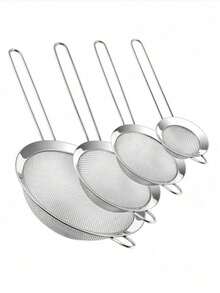 1/3/4 piezas Colador de malla fina de acero inoxidable con mango - Herramientas de cocina para tamizar y filtrar, juego de coladores de malla fina, herramientas y accesorios esenciales de cocina - Plateado - Ver 2