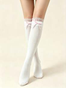 1双甜美蕾丝边JK洛丽塔可爱蝴蝶结小腿袜过膝袜 - 彩色 - 查看 5