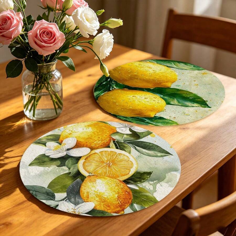 A Circular Featuring Fresh Lemon, Green Leaves, And Water Droplets, Suitable For Use In Spring, Summer, Autumn, And Winter. It Adopts A Multi-Color Pattern Design And Is Woven From 100% Polyester Fiber - Multicolor - View 1