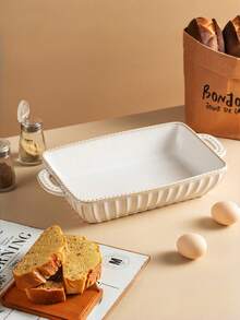 1pc Modern Minimalist White Ceramic Baking Tray - Elegant, Kiln-Fired Glazed Rectangular Dish With Handle; Easy To Clean. Suitable For Baking, Kitchen Prep And Tools; Microwave And Oven - White - View 3