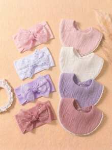 8件套新生儿3D蝴蝶结发带+褶皱纹理婴儿围兜，简约风格奶水主题多色婴儿囟门保护防脏套装，适合四季日常使用 - 彩色 - 查看 4
