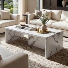 Mesa de centro rectangular moderna de falso travertino, mesa de acento con marco minimalista y resistente para sala de estar, oficina o apartamento, color beige natural - Aspecto de mármol sintético - Ver 2