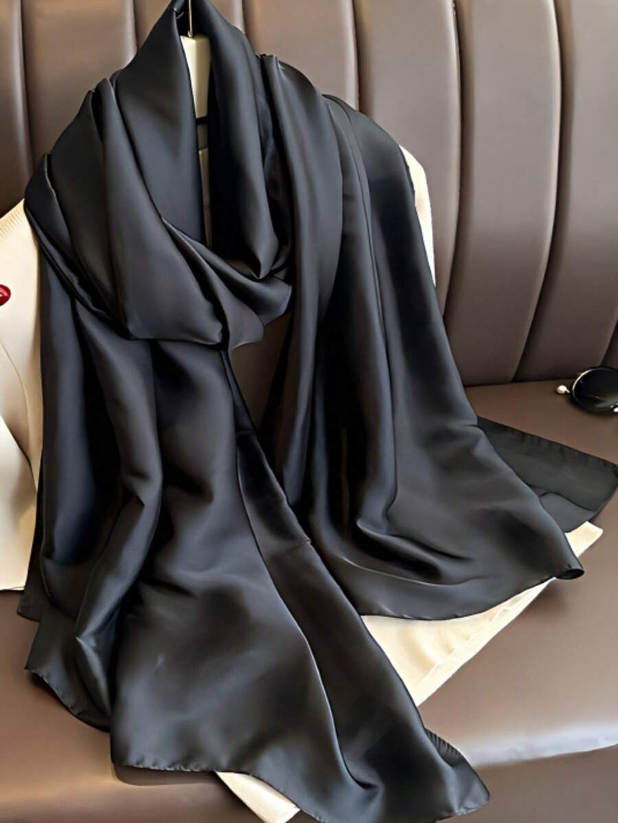 新款真丝缎纯黑色披肩围巾 1 件 - 黑色 - 查看 1