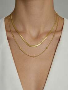 1条不锈钢双层链项链，简约饰品扁平蛇形链项链，适合日常佩戴 - 金黃色 - 查看 5