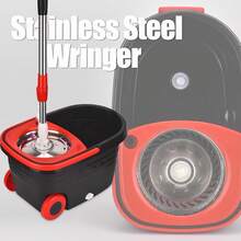 Mop And Bucket Set With Wringer, Stainless Steel Mop Bucket With Wheels, 3 Pcs Microfiber Replacement Mop Heads, Spin Mop And Bucket System, 61 Inches Telescopic Mop Handle Floor Mop - Red - 查看 3