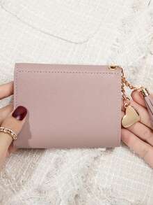 1件装女士时尚简约三折短款钱包，多卡位多功能零钱包，流苏吊坠荔枝纹理钱包卡包零钱包，女士钱包，旅行必备，度假必备，邮轮必备 - 彩色 - 查看 5