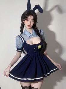 1套兔女郎军官制服，性感JK褶皱吊带裙，兔女郎军官校服套装 - 藍色 - 查看 3