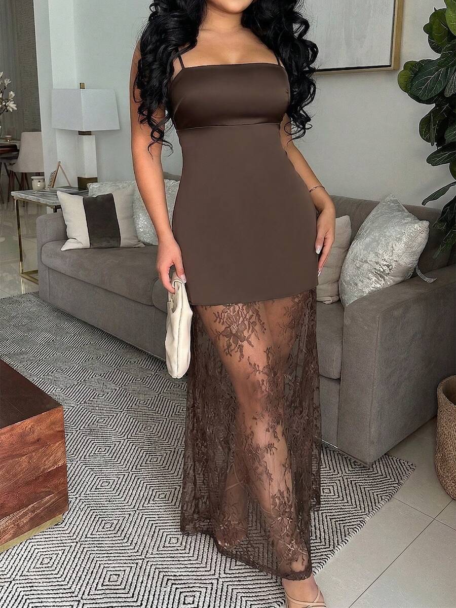Đầm Lily House dành cho nữ, dáng chữ A, màu nâu, ôm sát, có dây đeo vai, cổ vuông, phối ren, eo, thích hợp mặc đi chơi, dự tiệc, đi nghỉ mát, du lịch, họp mặt, đi làm, mùa hè. - màu nâu - Xem 1