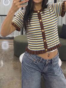 Women's Summer Striped Patchwork Round Neck Metal Button Short Sleeve Knit Top, Cute Retro Casual Ruffle Trim, Suitable For Daily Dates And Photography, Striped Knit Sweater, Yellow Striped Knit Sweater, Summer Clothing, Multi-Color Striped Knit Sweater - Yellow Brown - View 7
