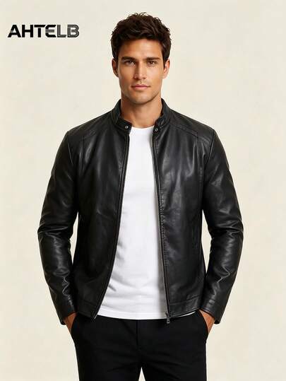  AHTELB Men's Casual Retro Motorcycle Leather Jacket, Spring Autumn Black