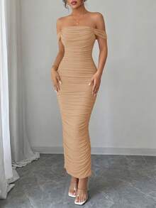 PRETTYGARDEN Women's Summer Dresses Off The Shoulder Dress Ruched Bodycon Sleeveless Evening Elegant Dresses Wedding Guest Graduation Cocktail Club Party Maxi Dresses - 卡其色 - 查看 3