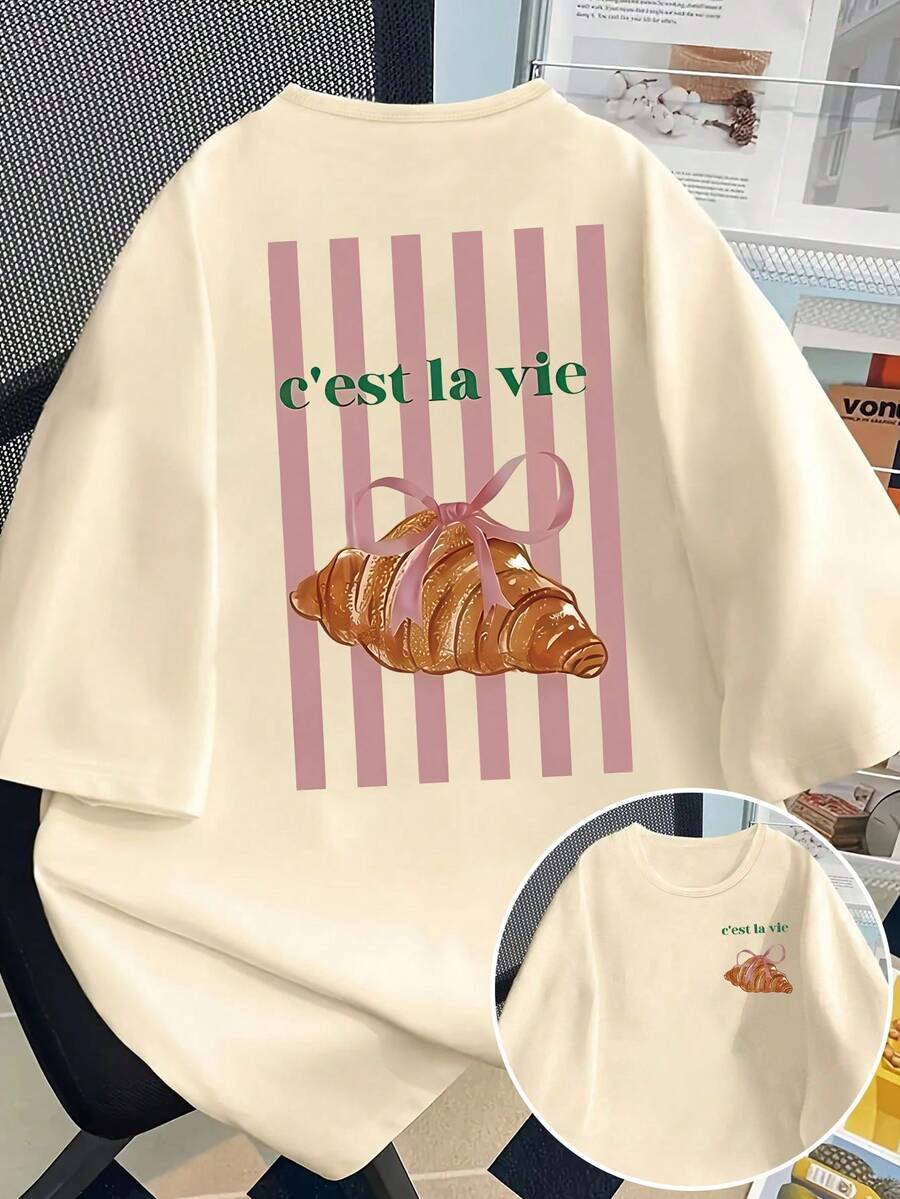 女士休闲短袖T恤，亮丽的羊角面包和条纹图案，圆领，春夏上衣，女士T恤，夏秋女装，女士外套，情人节女装，女士服装，节日服装 - 杏色 - 查看 1