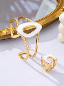 1 pieza Juego de anillo en forma de C esmaltado y pulsera geométrica, de material de aleación, adecuado para uso diario, vacaciones y regalo de fiesta - Blanco - Ver 13