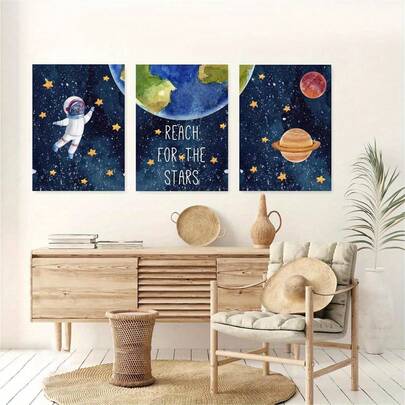 3 piezas Impresión de arte de pared con diseño de espacio exterior, impresiones espaciales, decoración de espacio exterior, póster de lienzo creativo, arte de pared de lienzo impermeable, pintura de arte para regalo, dormitorio, oficina, sala de estar, cafetería, decoración de pared, decoración del hogar y la residencia