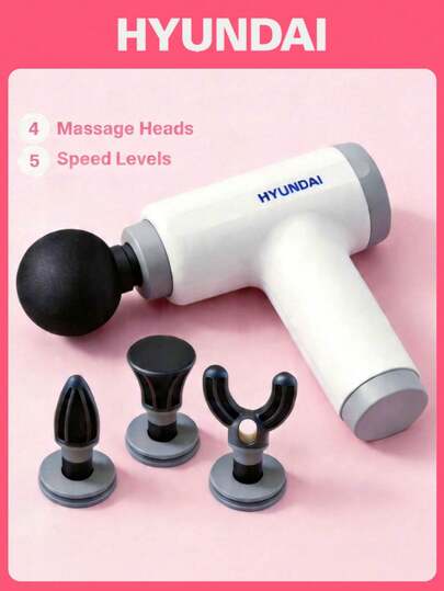 HYUNDAI 1 款便携式筋膜枪深层组织肌肉按摩器，配备 4 个按摩头，5 种速度模式，适用于缓解肩颈、腰部、背部、腿部疼痛，可在家和健身房使用。
