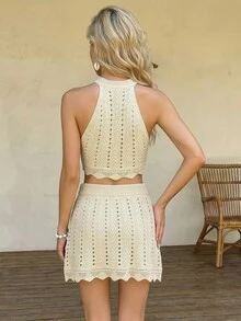 女士新款时尚性感几何镂空沙滩及日常休闲套装，春夏款 - 杏色 - 查看 2