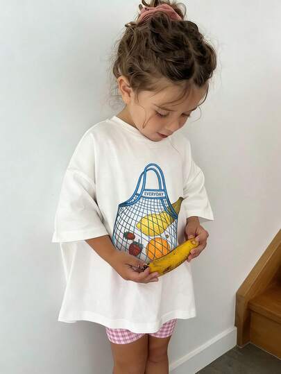 Baby Girl Summer Casual T-Shirt, Cute Fruit Mesh Bag Print Short Sleeve Tee, Soft Cotton, Perfect For Daily Play & Outdoor