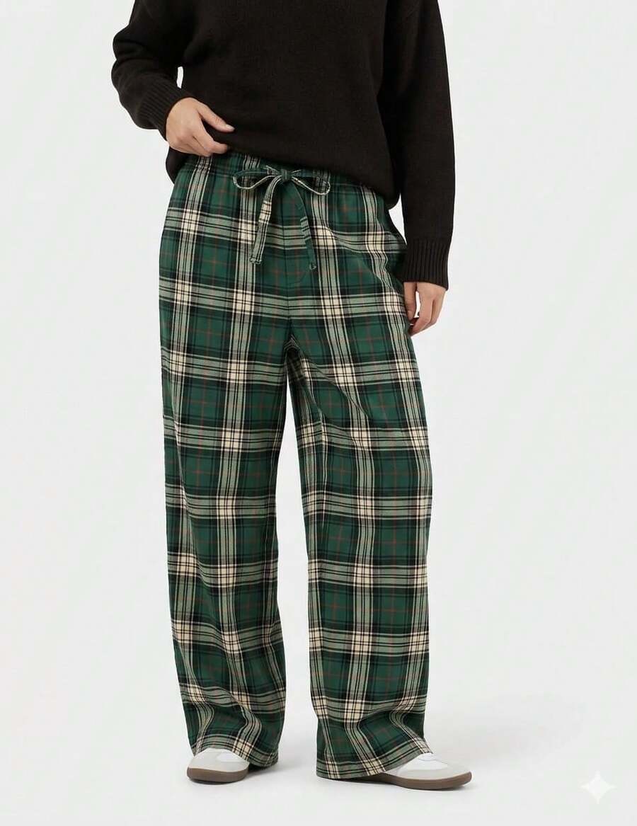 Kickoff Women's Flare Pants With Checkered Print, Side Pockets, And Wide Leg - 綠色 - 查看 1