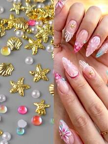 1 confezione di perline miste da sirena, stelle marine, conchiglie, perle bianche, decorazioni dorate, accessori fai-da-te per arte di unghie estiva e vacanze - Multicolore - Visualizzare 3