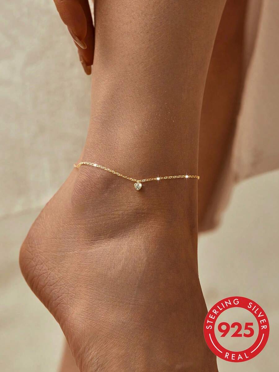 SYMFNY 1 件 925 纯银个性化可爱优雅心形人造吊坠脚链，非常适合夏季假期情人节 - 金黃色 - 查看 1