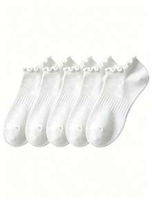 5 Pairs Women's Ruffle Trim Ankle Socks, Ruffled Hem Low Cut Casual Socks, Available In White, Black, Gray And Multi-Color - Multicolor - View 8