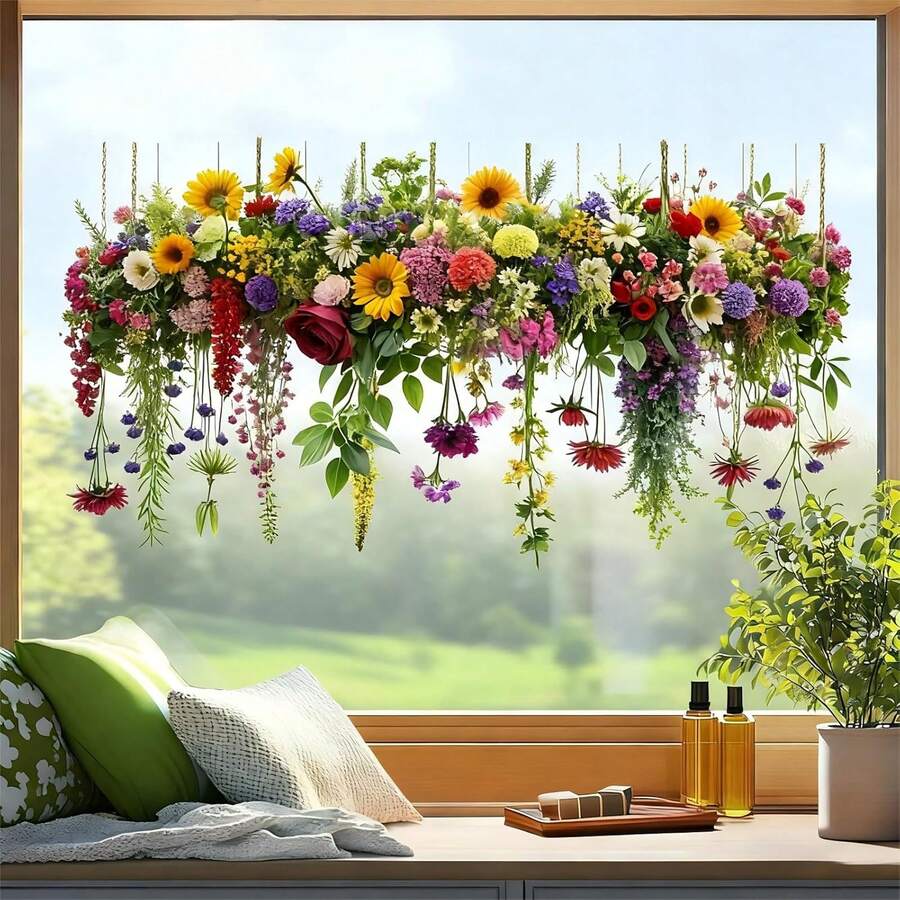 Boho Hanging Flower Window Clings, Colorful Spring Floral Static Window Stickers, Reusable Vinyl Decals For Home Living Room Bedroom Office Glass Door Decor - Floral Vine Window Stickers - View 1