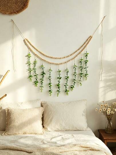 1pc Green Leaf Wooden Bead Decorative Wall Hanging Garland Boho Farmhouse Style Layered Curve Shape Tassel Vine Detail Rustic Chic Home Accent Decorative Banner For Living Room Bedroom Entryway Apartment Dorm Balcony Window Background Wedding Party Spring Summer Home Decor