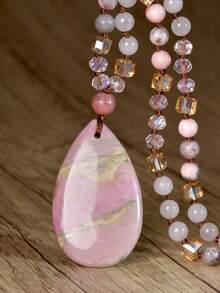 Yumfeel 1pc Natural Rhodonite Teardrop Pendant Long Necklace, Vintage Bohemian Style Sweater Chain, Handmade Knotted Beaded Necklace, Christmas Gift - Multicolor - View 5