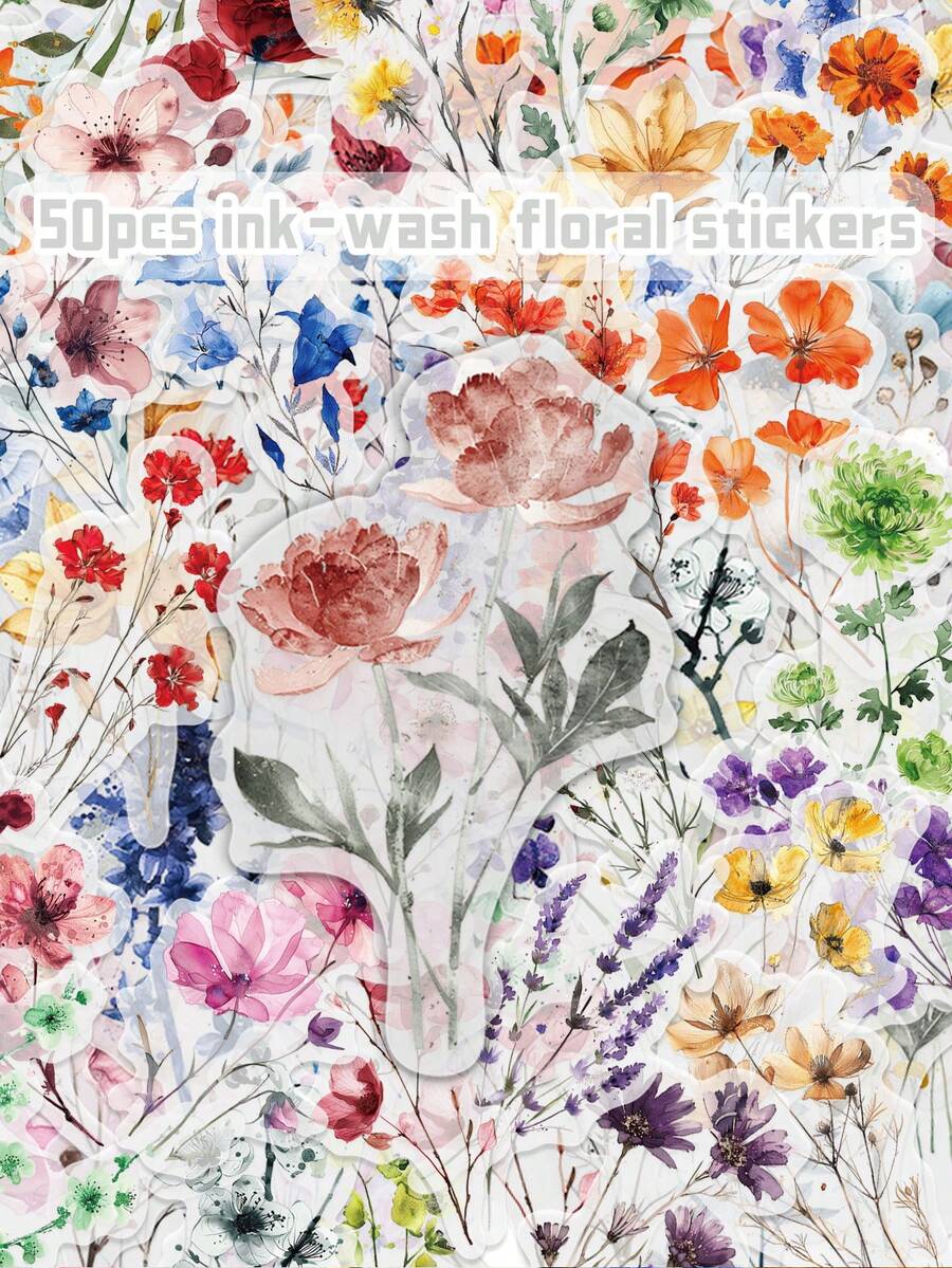 50pcs Unique Ink-Wash Floral Stickers Featuring Delicate, Blurred Floral Designs, Perfect For Decorating Notebooks, Skateboards And Planners. With A Variety Of Patterns, No Two Are The Same, Making Them Ideal As Rewards Or Festive Gifts. - View 1